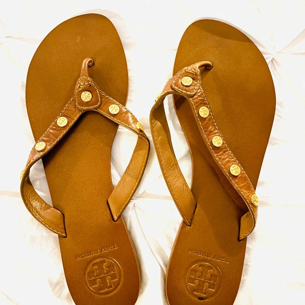 Tory Burch Leather Logo Thong Sandals with Gold Stud Accents
